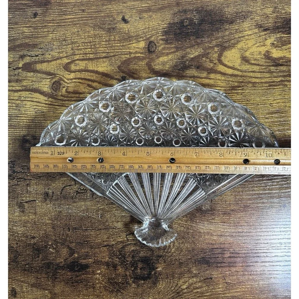 Vintage Pressed Glass Fan Shaped Serving Tray Crystal Starburst Vanity Decor Art